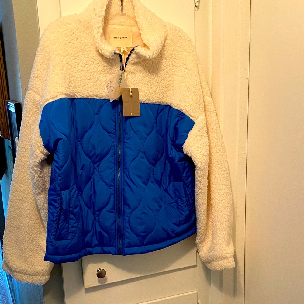 NWT Bright Blue Quilted Jacket with Cream Sherpa Trim